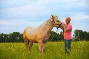 a man walks with his horse