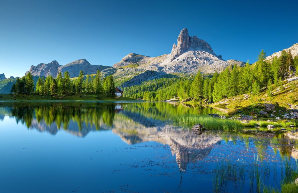 Lake with mountain behind it