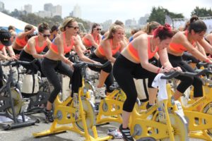 Women on spinners working on their thinness